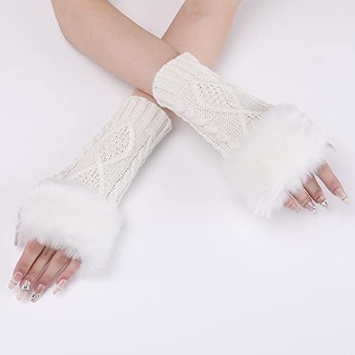 Womens Fingerless Gloves with Furry Cuff and Thumb Hole