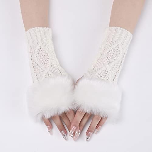 Womens Fingerless Gloves with Furry Cuff and Thumb Hole