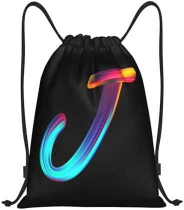 Drawstring Backpack with Initial J Rainbow Letter Black