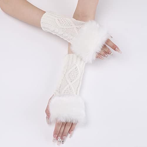Womens Fingerless Gloves with Furry Cuff and Thumb Hole
