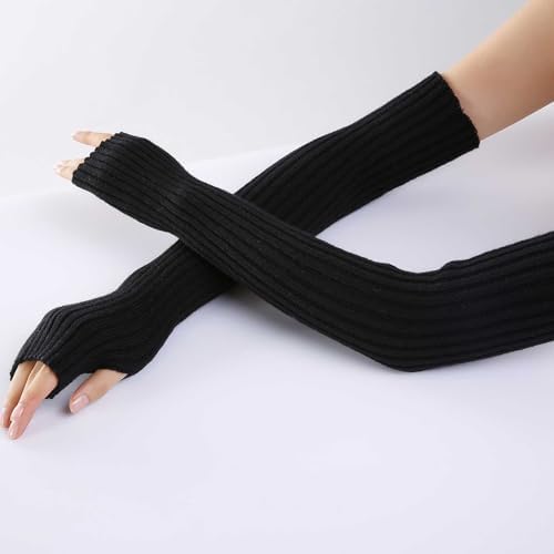 Womens Red Stretchy Knit Fingerless Gloves with Thumb Hole