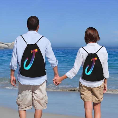 Drawstring Backpack with Initial J Rainbow Letter Black