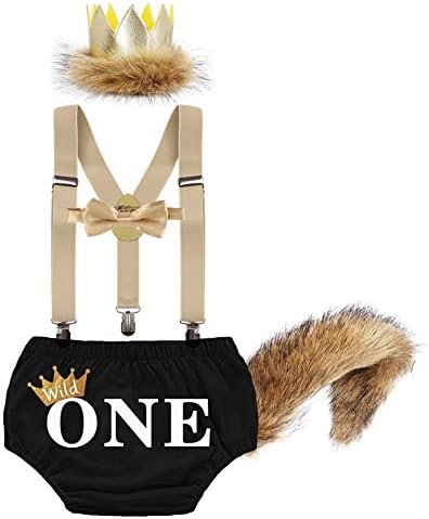 Wild One Baby Boys Cake Smash First Birthday Outfit Nappy Cover Suspenders Bowtie Crown Costume