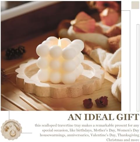 55 Inch Round Travertine Jewelry Tray with Scalloped Edges