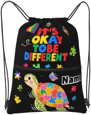 Custom Name Drawstring Backpack with Autism Awareness Pattern