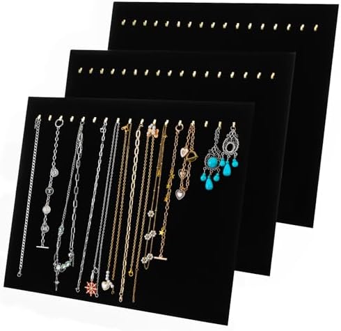 3 Pack Black Velvet Jewelry Display Stands with 17 Hooks