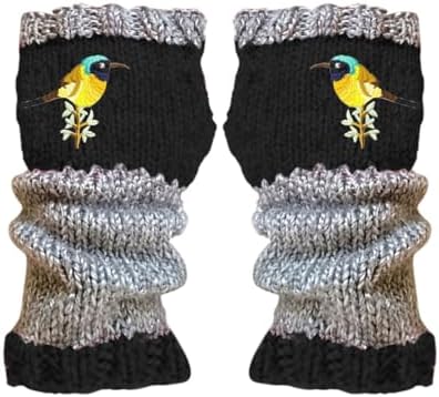 Womens Winter Fingerless Long Gloves with Embroidered Bird Design