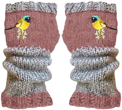 Womens Winter Fingerless Long Gloves with Embroidered Bird Design