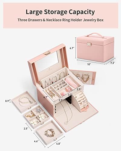 Vlando Jewelry Box Organizer with Mirror and 3 Drawers Pink