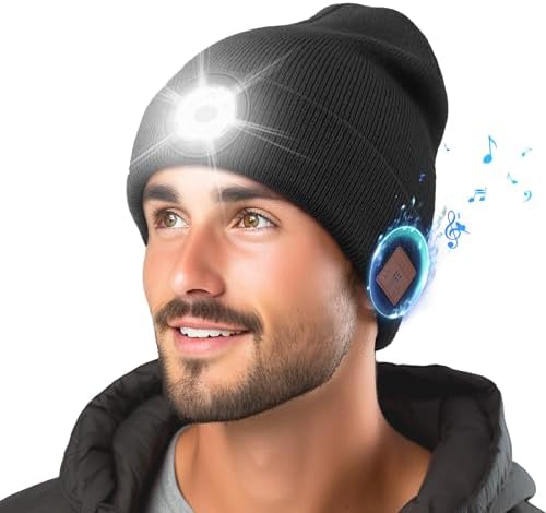 Bluetooth Beanie with Built-in LED Light and Stereo Headphones for Winter Outdoors Unisex Black