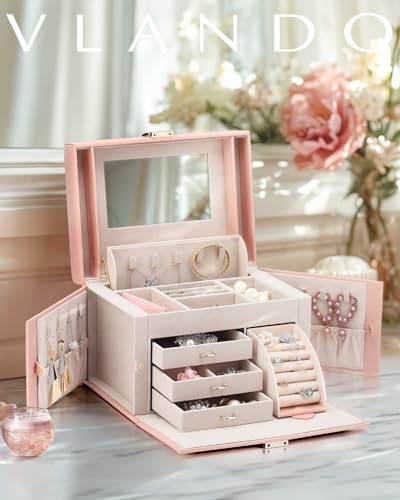 Vlando Jewelry Box Organizer with Mirror and 3 Drawers Pink