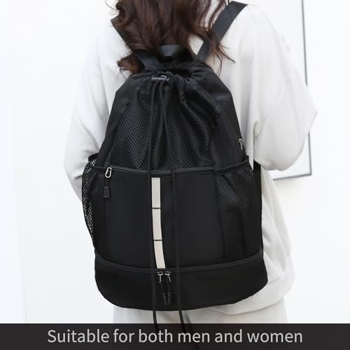 Sports Drawstring Backpack with Wet Proof Pocket and Shoe Compartment for Men Women