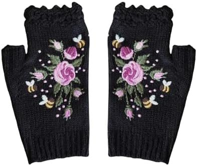 Women Winter Bird Embroidered Wrist Warmers Gloves