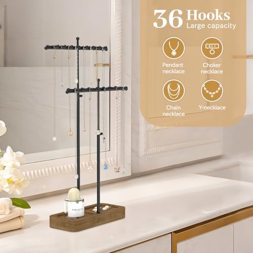 MODOWEY Necklace Holder Organizer Stand with 36 Hooks