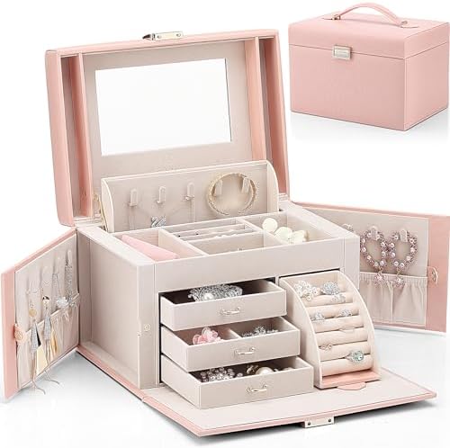 Vlando Jewelry Box Organizer with Mirror and 3 Drawers Pink