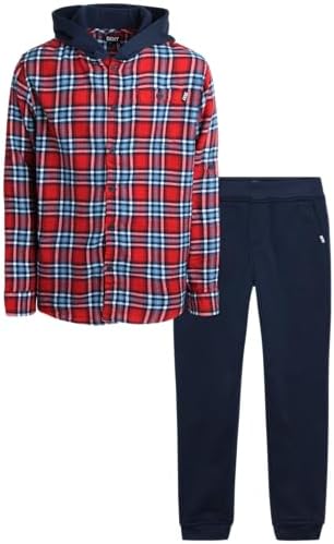 DKNY Boys 2 Piece Woven Button Down Shirt with Hood and Jogger Pants Set