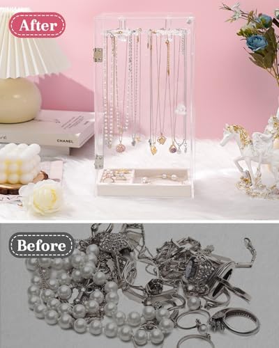 Necklace Organizer with Rotatable Hooks and Velvet Tray