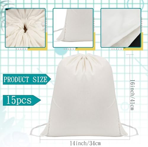 15 Pcs White Cotton Drawstring Bags for Tie Dye DIY