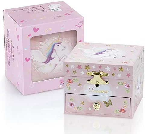RR Round Rich Design Kids Musical Jewelry Box with Drawer and Unicorn Set - Pink