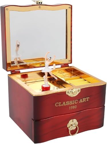 Retro Music Box Jewelry Storage Case with Mirror and Dancing Ballerina