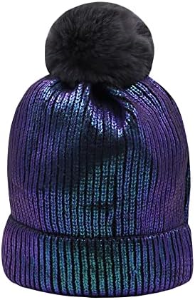 JUMISEE Women Girls Shiny Metallic Knit Beanie Hat Slouchy Winter Skull Cap with Faux Fur Pompom 1