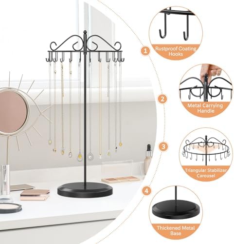 iDavosic Ly Rotating Necklace Holder with 24 Hooks Black