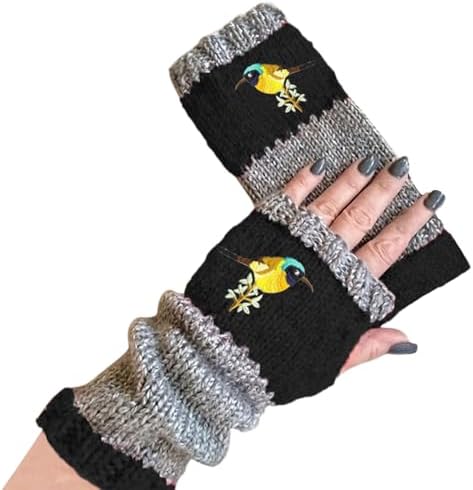 Womens Winter Fingerless Long Gloves with Embroidered Bird Design