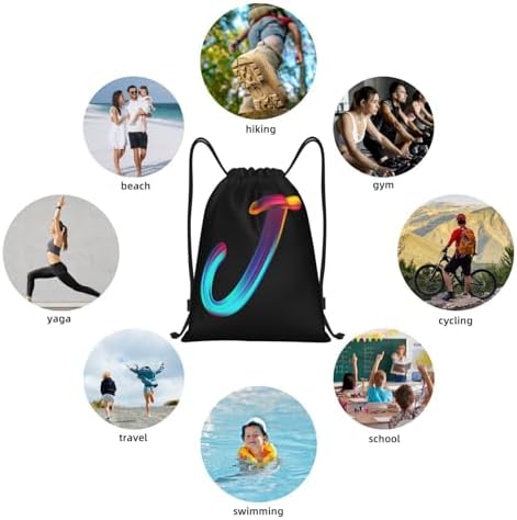 Drawstring Backpack with Initial J Rainbow Letter Black