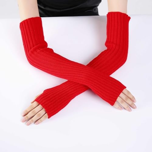 Womens Red Stretchy Knit Fingerless Gloves with Thumb Hole