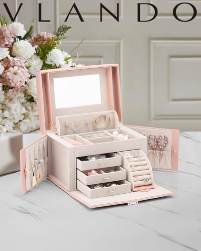 Vlando Jewelry Box Organizer with Mirror and 3 Drawers Pink