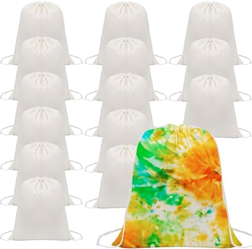 15 Pcs White Cotton Drawstring Bags for Tie Dye DIY