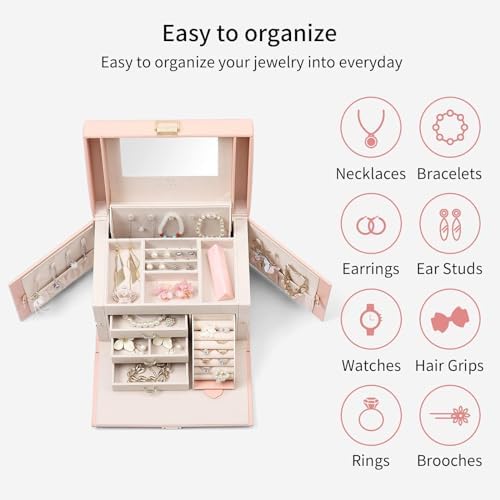 Vlando Jewelry Box Organizer with Mirror and 3 Drawers Pink