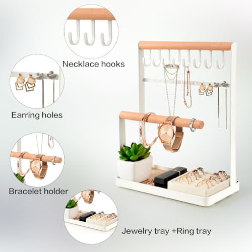 PAMANO Jewelry Organizer 4-Tier Wooden Stand Holder with 8 Hooks and 12 Earring Holes