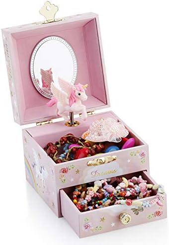 RR Round Rich Design Kids Musical Jewelry Box with Drawer and Unicorn Set - Pink