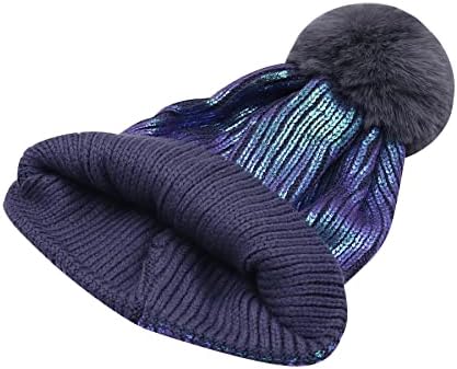 JUMISEE Women Girls Shiny Metallic Knit Beanie Hat Slouchy Winter Skull Cap with Faux Fur Pompom 1