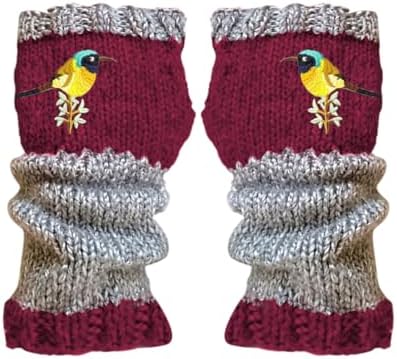Womens Winter Fingerless Long Gloves with Embroidered Bird Design