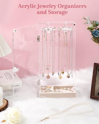 Necklace Organizer with Rotatable Hooks and Velvet Tray
