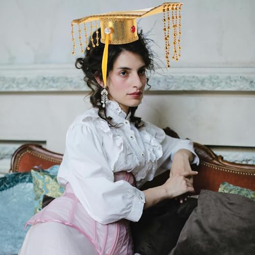 LOGOFUN Ancient Emperor Hat with Beaded Tassel Glitter Prince Hat Adjustable Strap for Cosplay Party Costume Accessories