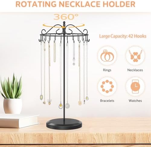iDavosic Ly Rotating Necklace Holder with 24 Hooks Black