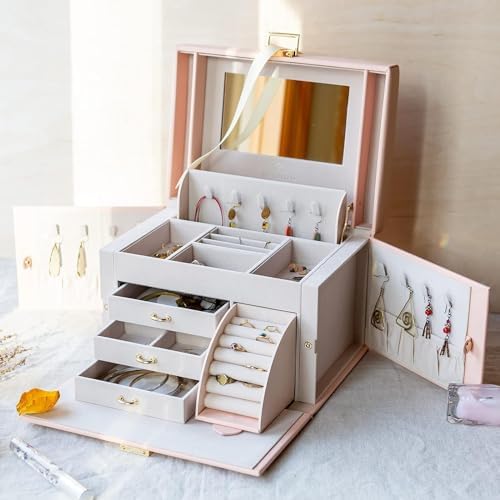 Vlando Jewelry Box Organizer with Mirror and 3 Drawers Pink