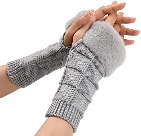 Winter Knit Thermal Long Glove with Furry Cuff for Women