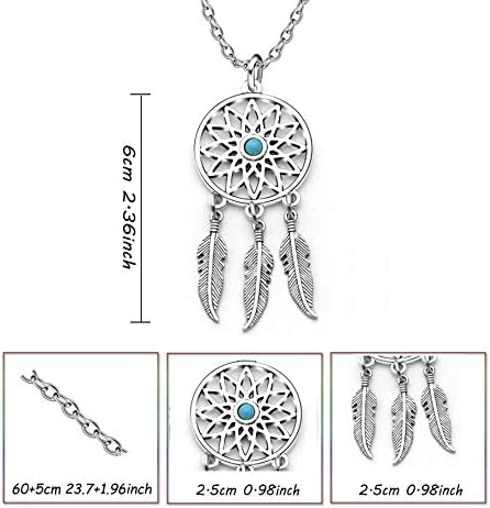 Lauhonmin 3pcs Women Retro Silver Turquoise Feather Dream Catcher Necklace Earrings Set