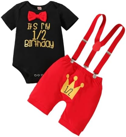 Baby Boy 12nd Birthday Romper Suspenders Bow Tie Set
