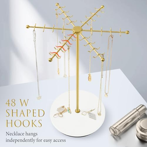 Poyilooo Necklace Holder with 48 Hooks and Rotating Base