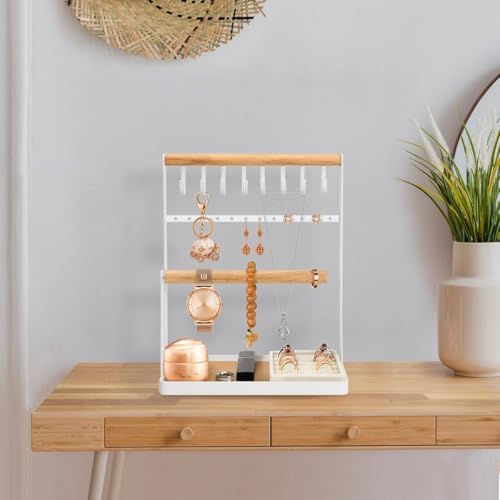 PAMANO Jewelry Organizer 4-Tier Wooden Stand Holder with 8 Hooks and 12 Earring Holes