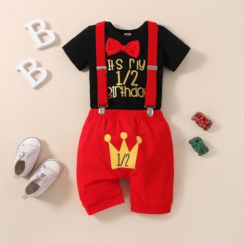 Baby Boy 12nd Birthday Romper Suspenders Bow Tie Set