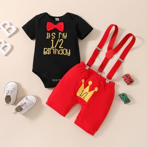 Baby Boy 12nd Birthday Romper Suspenders Bow Tie Set