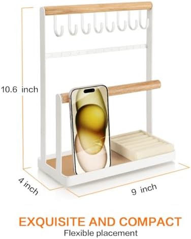 PAMANO Jewelry Organizer 4-Tier Wooden Stand Holder with 8 Hooks and 12 Earring Holes