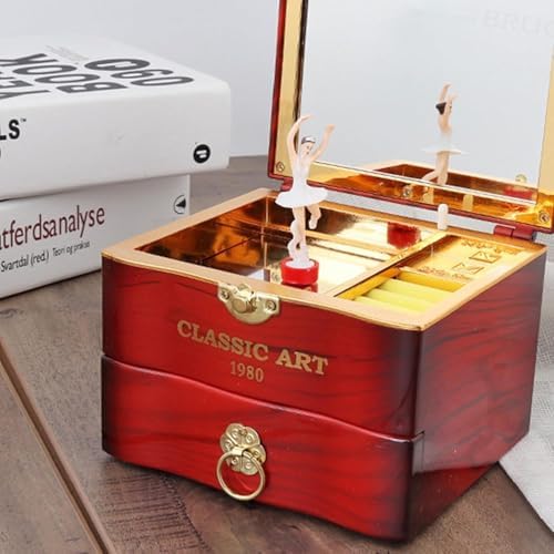 Retro Music Box Jewelry Storage Case with Mirror and Dancing Ballerina