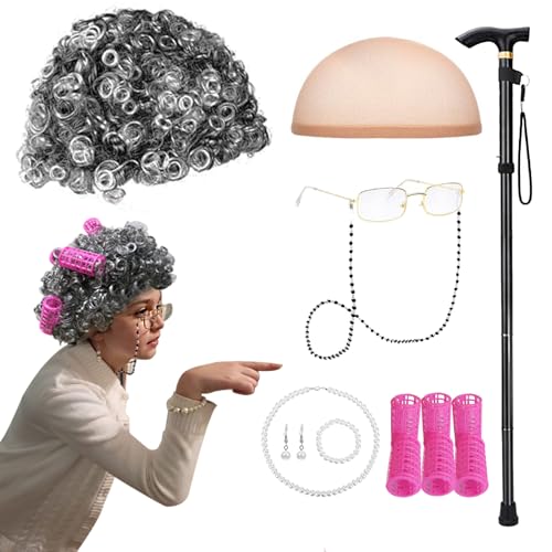 Santoy Old Grandma Wig Costume Set for Women and Girls
